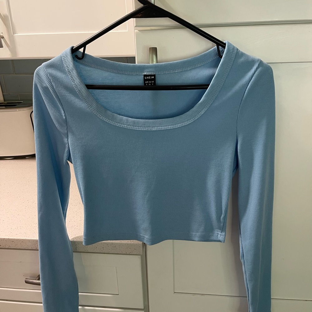 SHEIN Light Blue Ribbed Long Sleeve Blouse